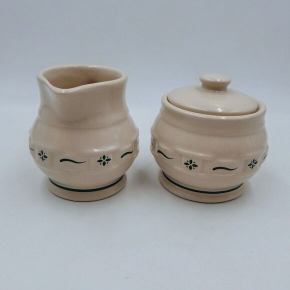 Longaberger Pottery Woven Traditions Heritage Green Sugar Bowl & Creamer Set USA - Picture 4 of 10